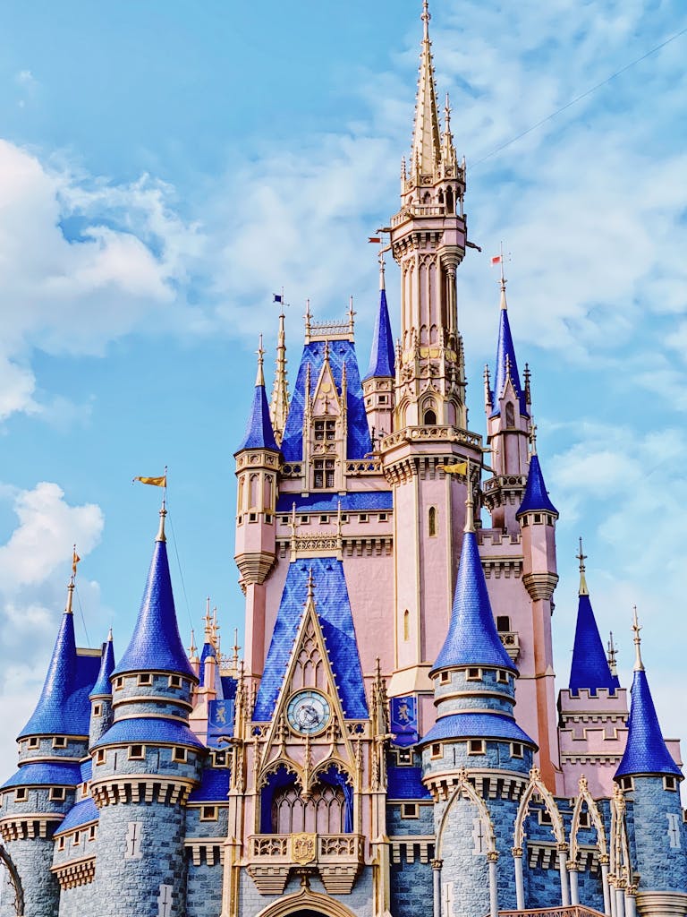 The iconic Cinderella Castle at Magic Kingdom in Orlando captures a magical and fairy tale essence.